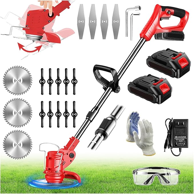 Electric Weed Wacker String Weed Eater Cordless Grass Trimmer 21V Battery Powered String Trimmer with 2x2.0ah Battery and Charger Brush Cutter/Edger/Mower with 3 Types Blade for Garden Lawn Turf(Red)