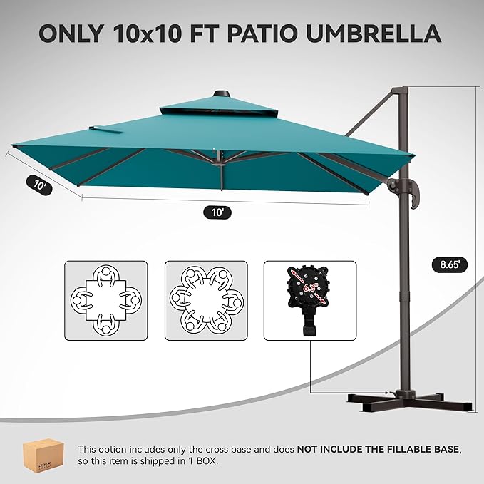 GENTEACO 10X10 FT Cantilever Umbrella, Large Offset Patio Umbrella with Double Top, 6 Angle Tilts & 360° Rotation, Large Square Sun Umbrellas for Outdoor Patio Pool Deck Market, Turquoise Blue