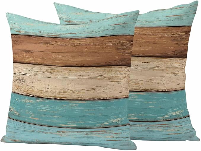 Farmhouse Aqua Brown Outdoor Waterproof Pillow Covers, Vintage Wooden Striped Decorative Square Throw Pillowcase Sofa Cushion Sham for Patio/Couch/Chair, 26"x26" 2 Pack