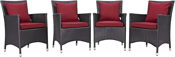 Modway Convene Wicker Rattan Outdoor Patio Dining Armchairs With Cushions in Espresso Red - Set of 4