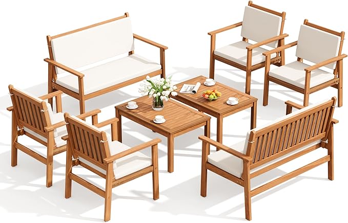 Flamaker 8 Piece Outdoor Furniture Set, Outdoor Table and Chairs with Comfy Cushions, Acacia Wood Patio Furniture for Porch, Patio, Garden, Poolside