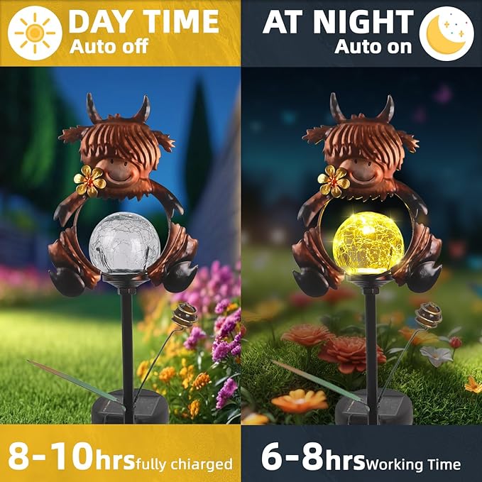 Solar Highland Cow Garden Stake Lights for Outside 2 Pack Metal Highland Cows Outdoor Decor Waterproof Decorative Garden Stakes Yard Lawn Landscaping Ornaments Housewarming Gifts for Women Mom Grandma