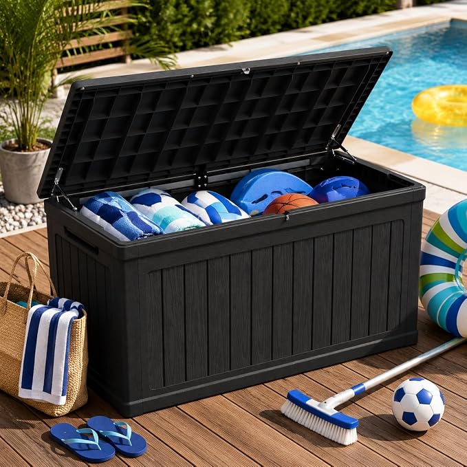 180 Gallon Large Outdoor Storage XXL Deck Box for Patio Furniture, Outdoor Cushions, Garden Tools and Sports/Pools Equipment, Waterproof Resin, Lockable, Black (Black + Plastic)