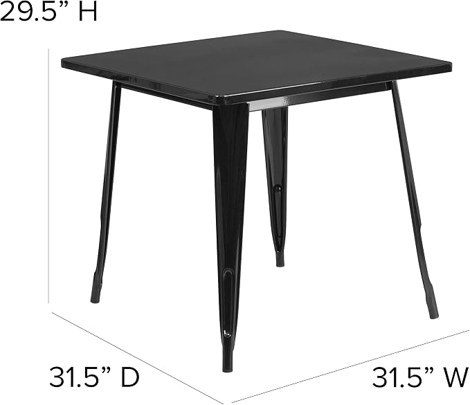 Merrick Lane Nash Indoor-Outdoor Dining Table Only- Black Powder Coated Finish - 31.5" Square Top - 27.25" Wide Base - Bracing for Added Stability