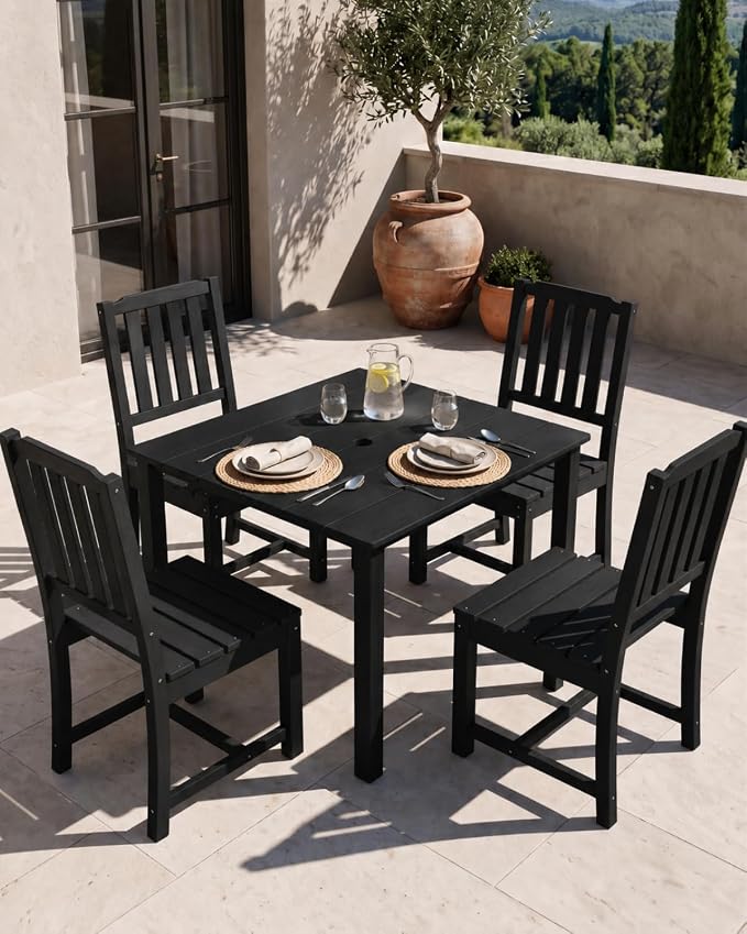 HDPE Outdoor Dining Set for 4, Square Table and Chairs, Black | All-Weather HDPE, Wood Grain Finish, 42.5" Square Table, Built-In Umbrella Hole, Seats 4, Patio & Poolside Ready