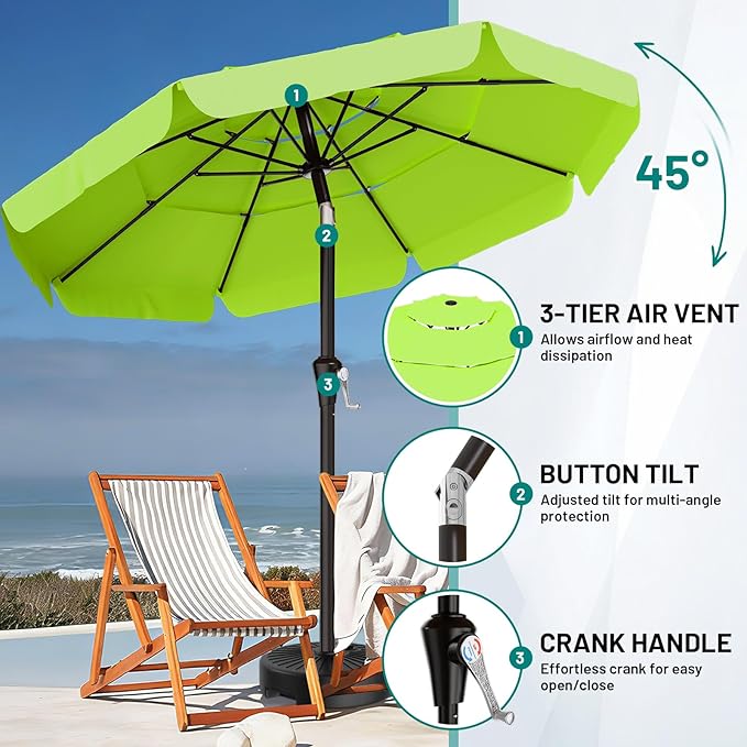 AreShark 9FT 3-Tiers Patio Umbrella with Valance, Outdoor Umbrellas with Crank/Tilt, Table Market Umbrella Vented w/ 8 Sturdy Ribs for Garden, Deck, Backyard, and Pool, Apple Green