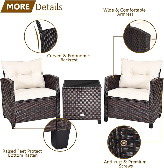 KOTEK 3 Piece Patio Furniture Set, Outdoor Conversation Set with Washable Cushions & Tempered Glass Tabletop, PE Rattan Wicker Bistro Set for Porch, Garden, Balcony (White)