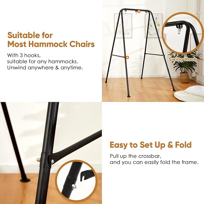 Hammock Chair Stand Only, Heavy Duty Foldable Hammock Stand, 300 lbs Capacity, Portable Hammock Frame for Indoor or Outdoor, Easy to Assemble & Store (Hammock Chair not Included)