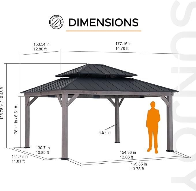 SUNJOY 13 x 15 ft. Wood Gazebo, Outdoor Patio Cedar Framed Wooden Hardtop Gazebo with 2-Tier Metal Roof, Suitable for Patios, Lawn and Backyard, Matte Black Roof + Gray Wood Frame