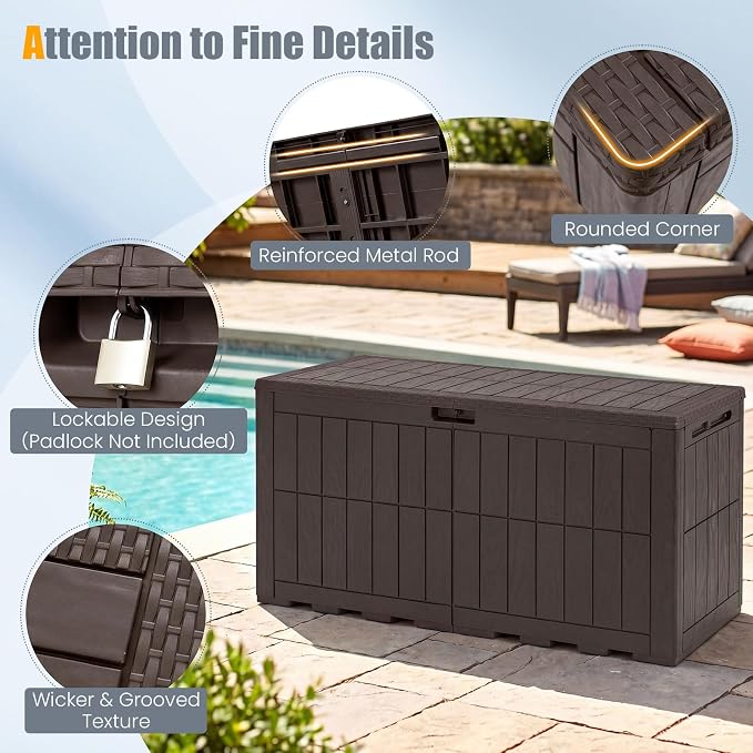 HAPPYGRILL 120 Gal Outdoor Deck Box, Lockable Storage Bin with Lid and Handles, Waterproof and Sun-Protective Patio Bench and Storage Box for Garden Tools Pool Supplies (Dark Brown, 120Gallon)