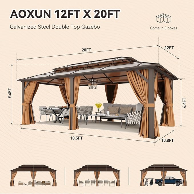 Aoxun 12'x20' Hardtop Gazebo, Outdoor Metal Gazebo with Double Polycarbonate Roof Canopy, Permanent Pavilion with Netting and Curtains for Lawn, Garden, Patio (Brown)
