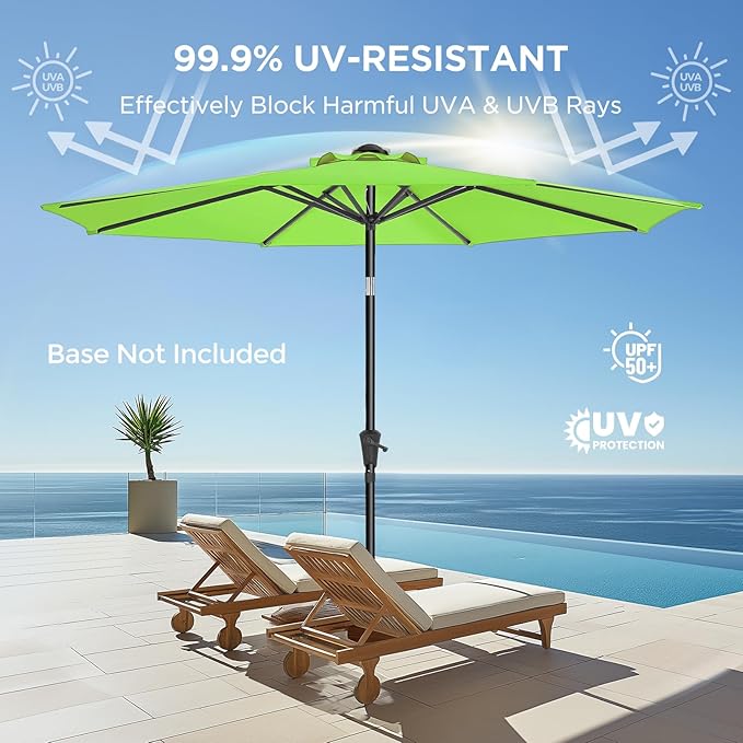 HOMSHADE 9ft Outdoor Patio Umbrella - Market Table Pool Deck Umbrella UPF50+ UV Protection with Push Button Tilt, Crank and 8 Sturdy Ribs (Green, No base)