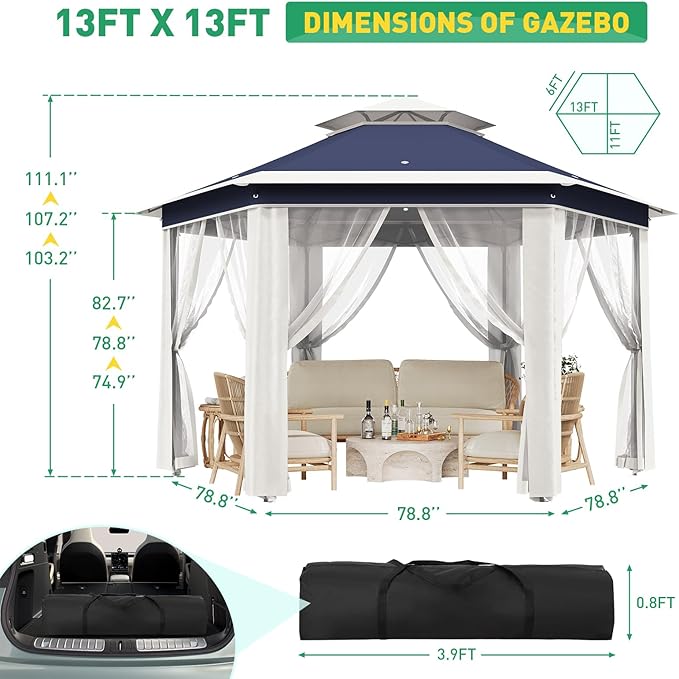 Pop Up Canopy Tent 13x13 Ft Instant Gazebo with Mosquito Netting Enclosure, Adjustable Outdoor Gazebo for Patio, Garden & Backyard Use with UV Protection & 3 Heights (Blue Lightgrey, 13 ft x 13 ft)