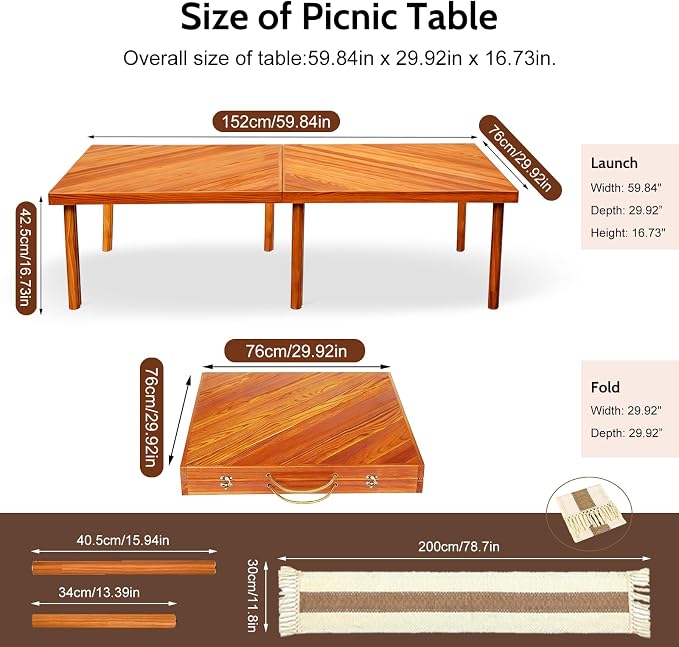 Adjustable Picnic Table with Table Runner, 60*30in Wooden Folding Picnic Table for Outdoors, Boho Low Coffee Table for Sitting on the Floor, Suitable for Beach, Park, Garden, Camping, Travel