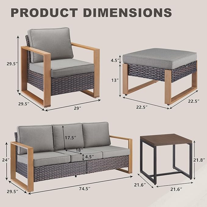 Rilyson Outdoor Wicker Patio Furniture Set - 6 Piece Patio Conversation Set with 2 Wicker Armrest Chairs,2 Rattan Ottoman,1 Side Table and 1 Couch,Sturdy Frame,Thick Cushions,Deep Seating(Brown/Grey)