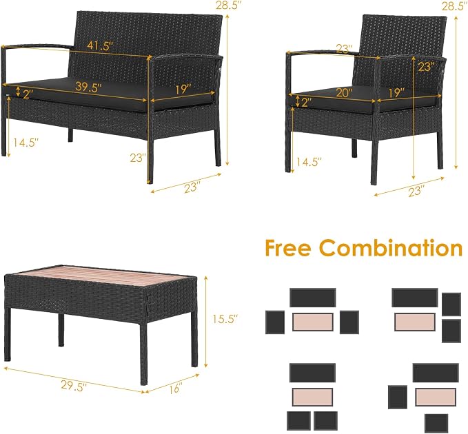 COSTWAY 8PCS Patio Rattan Furniture Set Cushioned Chair Wooden Tabletop Black