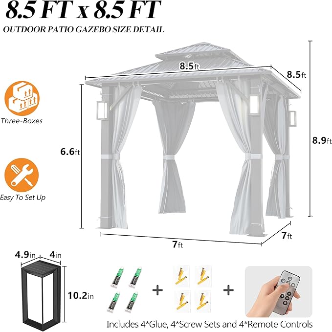 GARTOO 8.5x8.5FT Outdoor Hardtop Gazebo with Double Roof - Aluminum Heavy-Duty Steel Top Gazebo with Solar LED Light, Breathable Netting & Privacy Curtain for Patio, Porch, Garden, Backyard
