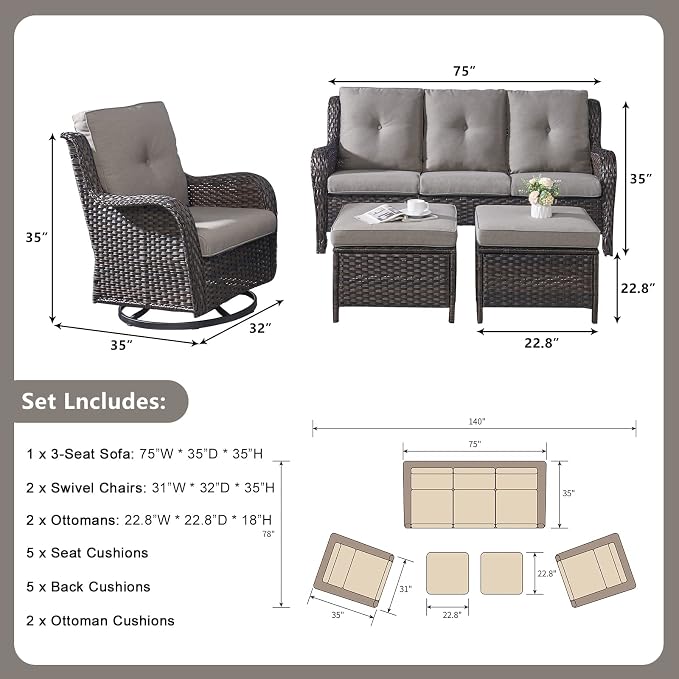 Rilyson 5 Piece Patio Furniture Set - Rattan Wicker Outdoor Patio Conversation Sets with 2 Swivel Rocker Chairs,2 Ottomans and 1 Sofa for Outside Porch Deck Backyard(Brown/Grey)