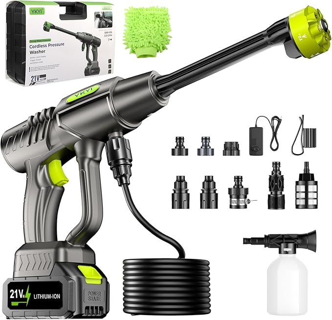 YKYI Cordless Pressure Washer, Battery Powered with 30 Speed Levels, Handheld Portable Sprayer with 6-in-1 Nozzle, 24FT High-Elastic Hose for Car, Garden, Patio Cleaning (Gray)