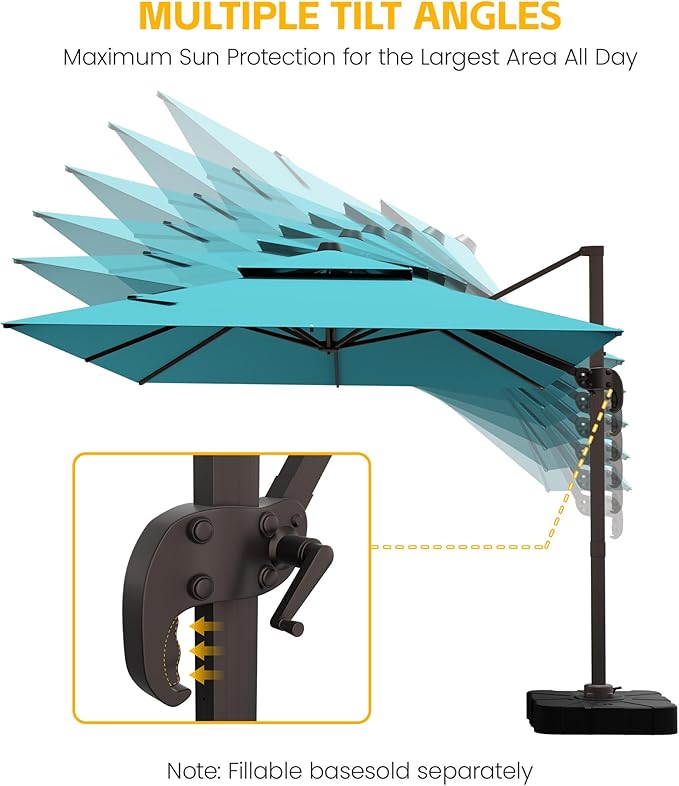 VEGOND 9x12 FT Patio Cantilever Umbrella (Base Not Included), Rectangular Heavy Duty Offset Umbrella for 6-8 People, 360°Rotation & Mult Tilt, Double Top Design, for Pool Garden Deck (Turquoise)