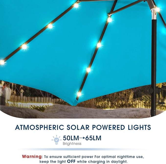 wikiwiki 9FT Solar Led Patio Umbrella with Base Included, 32 LED Lights, 8 Sturdy Ribs, Fade Resistant Waterproof POLYESTER DTY Canopy for Garden, Lawn, Deck, Backyard & Pool, Sky Blue