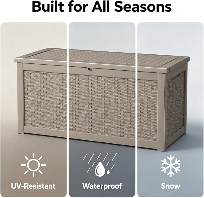 320 Gallon Waterproof Outdoor Storage Box, Lockable Deck Box with Built-In Handle for Patio Seat Cushions, Garden Tools, Pool Accessories, Light Brown