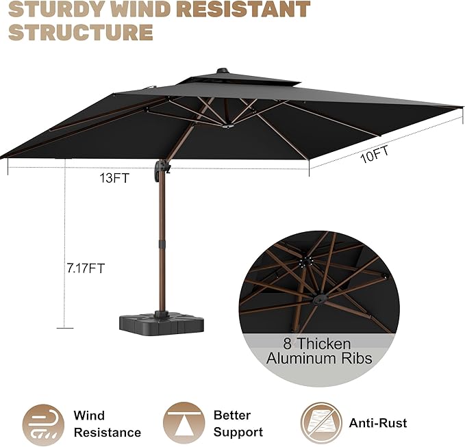 10x13FT Cantilever Outdoor Patio Umbrellas, Double Top Wood Pattern Rectangle Umbrella, Heavy Duty 360°Rotation Offset Umbrella for Garden Deck Pool Patio, Black