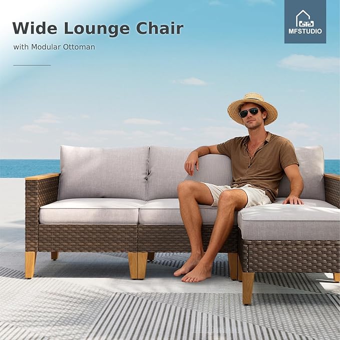 MFSTUDIO 7 Piece Wicker Patio Furniture Set, 2 x Single Chair, 2 x Ottoman, 3-Seat Sofa, All-Weather Outdoor PE Rattan Patio Conversation Set for Garden, Backyard(Beige Cushions)