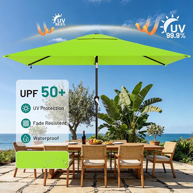 AreShark 6.5' x 10' Rectangular Patio Umbrella with Solar Lights, Solar Powered Lighted Market Umbrella w/Tilt and Crank, Outdoor Table Umbrella for Garden, Deck, Backyard, Pool, Apple Green
