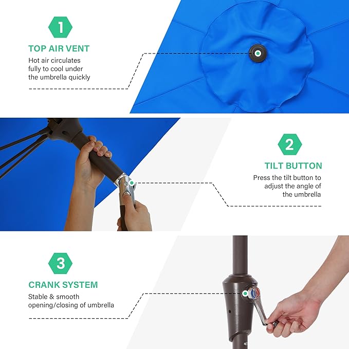 JEAREY 9FT Outdoor Patio Umbrella,Market Table Umbrella with 8 Fiberglass Ribs, Pool Umbrella with Tilt and Crank, UV Protection Lightweight & Wind-Resistant for Lawn, Garden, Deck and Backyard, Royal Blue