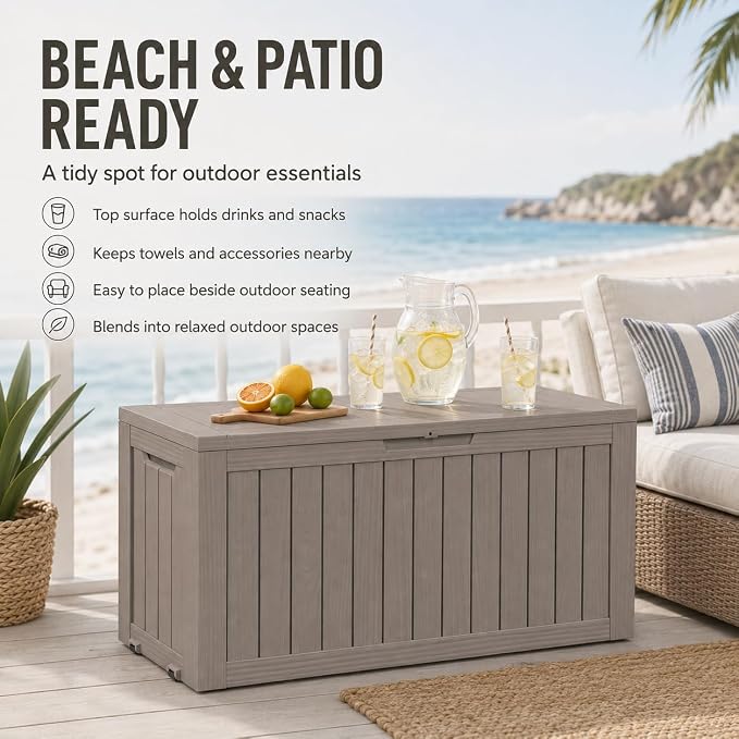 Outdoor Deck Patio Storage Box - 80 Gallon Resin Outside Storage Bin with Lid for Patio Cushions, Garden Tools, Pool Accessories & Backyard Toy Storage, Brown