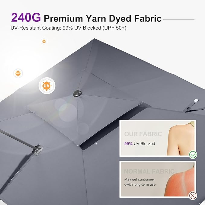 PURPLE LEAF 11FT Cantilever Outdoor Umbrellas Large Patio Umbrella Hanging Double Top Square Offset Umbrella with 360°Rotation Tilting Umbrella Outdoor Patio, Grey