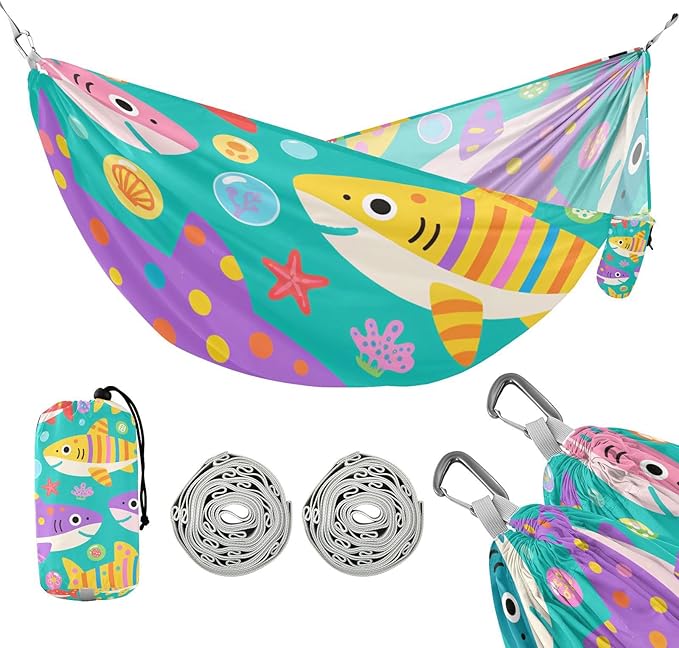 Cute Cartoon Colorful Sharks 330lb Capacity Hammocks with Hanging Rope Hanging Hammock for Outside Patio Backyard Poolside hamacas para adultos