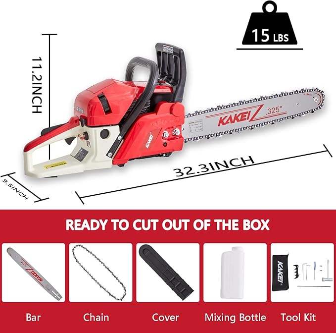 KAKEI 62CC 18-Inch Gas Chainsaw, 3.8HP 2-Stroke Engine, Easy Start, Germany-Steel Chain & Precision Bar, Gas Powered Chainsaw for Tree Cutting, Firewood and Logging
