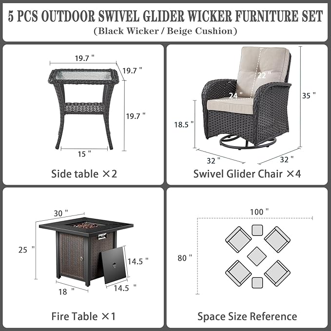 Belord 7 Piece Wicker Patio Furniture Set with 30" Fire Pit Table - Outdoor Swivel Rocker Chairs Set of 4 with Glass Side Tables Set of 2, Patio Conversation Set for Casual Gathering Black/Beige
