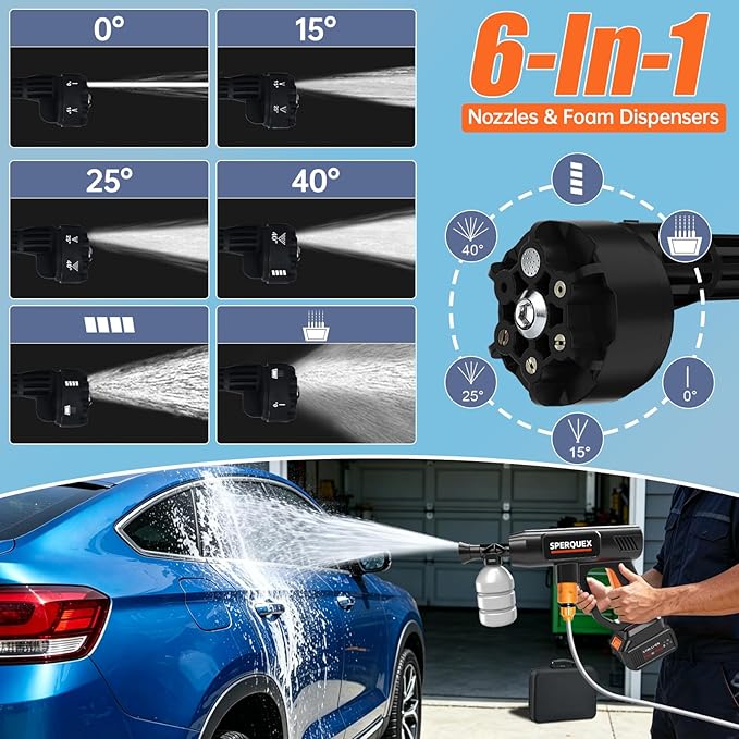 Cordless Portable Washer, 1800 PSI Battery Operated Washer, Handheld Washer with All-Copper Motor, 23FT Elastic Hose & 6-in-1 Nozzle, Lightweight Car Washer for Car, Garden, Patio and Home Cleaning