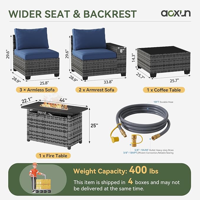 Aoxun Outdoor Patio Furniture Set with 44'' Fire Pit Table, 7 Pcs Outdoor Patio Furniture Sets with 4in Thicken Cushion, Widen Armrests Wicker Outdoor Sectional for Backyard (Gas Converter Include)