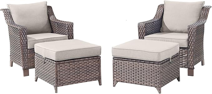 Outdoor Wicker Chair Patio Chairs-Rattan Wicker Chairs with Ottomans Patio Conversation Sets for Porch Garden Balcony Backyard Poolside-Brown/Beige