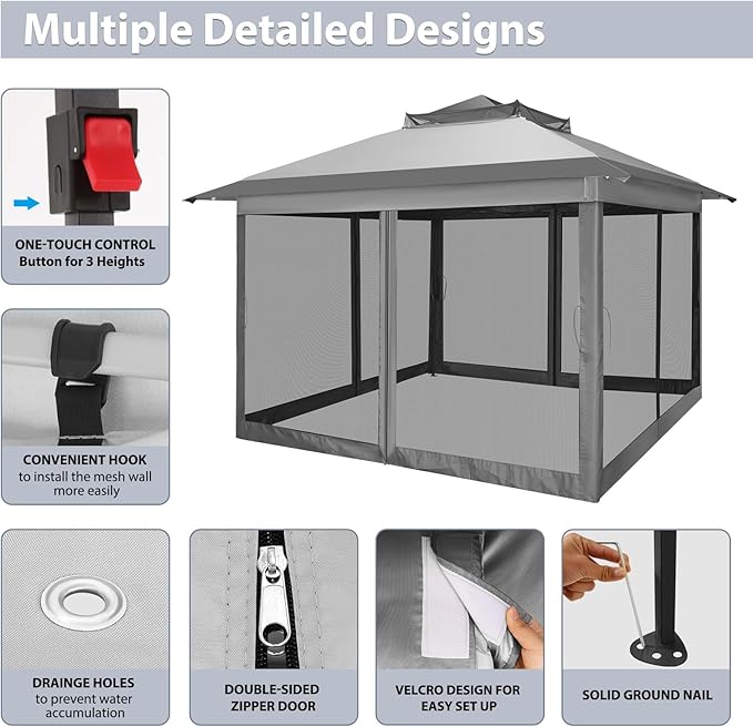 COBIZI 11x11 Pop Up Canopy One-Push Canopy Tent, Carpas para Patio, Outdoor Gazebo Shelter with Double Roof and Mosquito Net of Shade for Lawn, Garden, Backyard and Deck, Gray (Upgraded 2.0)