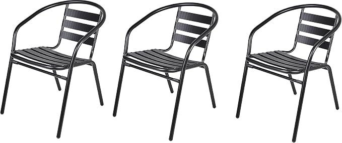 BTEXPERT Indoor Outdoor Restaurant Stainless Steel Aluminum Metal Slat Stack Commercial Lightweight, 3 Chairs with a 27.5" Round Table, Silver/Black