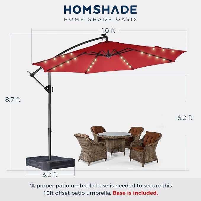 HOMSHADE 10ft Solar Lights Offset Cantilever Patio Umbrella - with Light and Base, LED Lighted Offset Hanging Patio Outdoor Market Umbrella UPF50+ UV Protection with Easy Tilt and Crank (Red)
