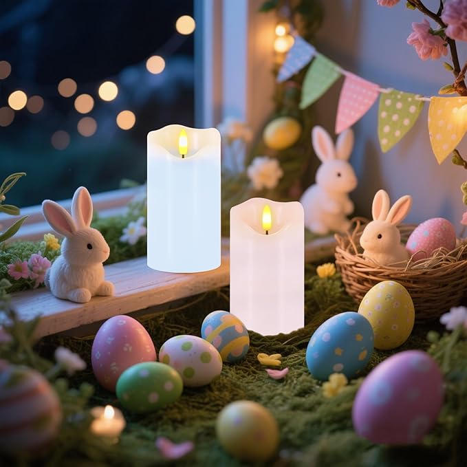 Flameless Candles Light, Set of 2 6"x3" Flickering Pastel Spring LED Candles with Remote & Timer, Dimmable Real Wax Easter Pillar Candles Battery Operated for Home Spring Easter Decor (Pink Blue)