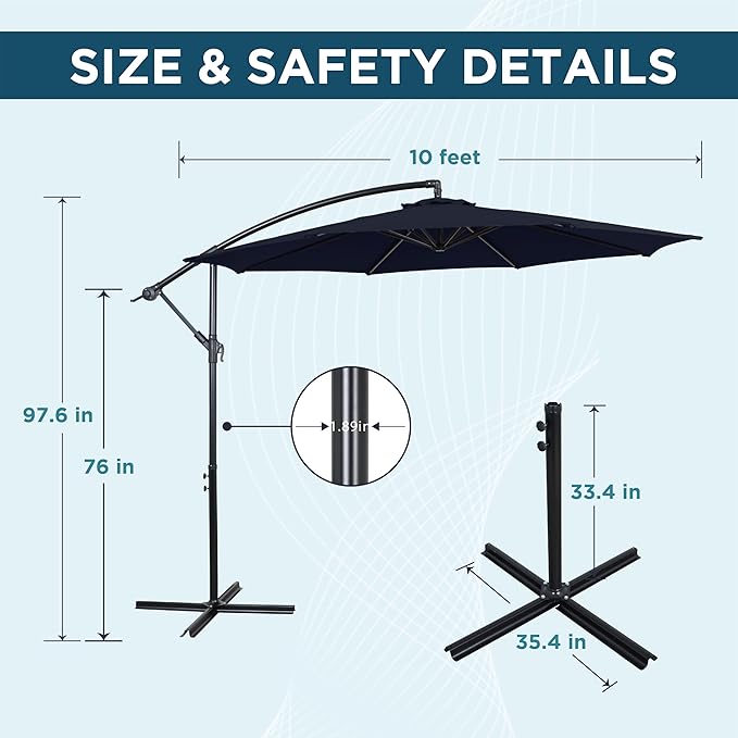 10FT Offset Patio Umbrella, Cantilever Hanging Umbrella with Infinite Tilt, Fade-Resistant Water-Repellent Canopy & Cross Base for Yard, Garden & Deck