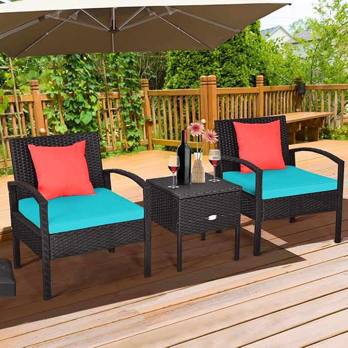 Tangkula 3 Pieces Patio Wicker Conversation Set, Outdoor Rattan Furniture with Washable Thick Cushion & Coffee Table w/Storage Space, Patio Furniture Set for Backyard Porch Garden Poolside (Turquoise)