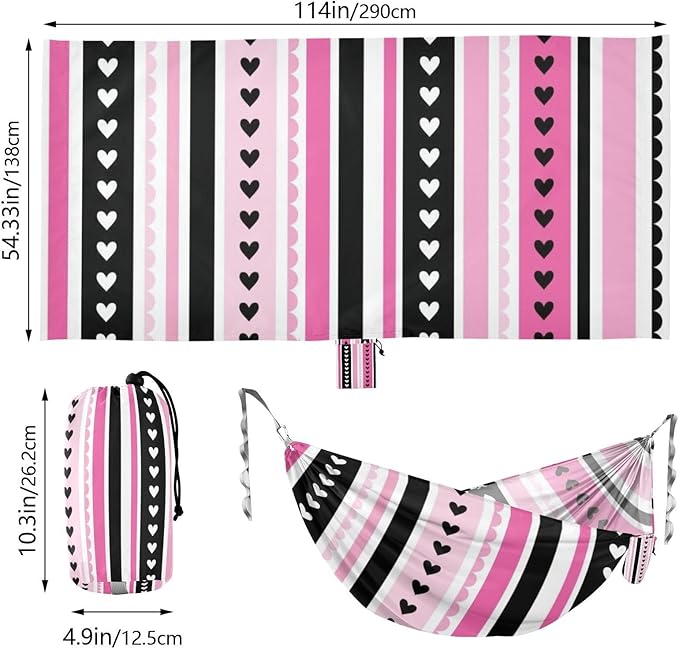 Black and Pink Valentine Heart Stripes 330lb Capacity Hammocks with Tree Straps Hanging Hammock for Outside Beach Patio Garden macas mexicanas de Patio para Adulto