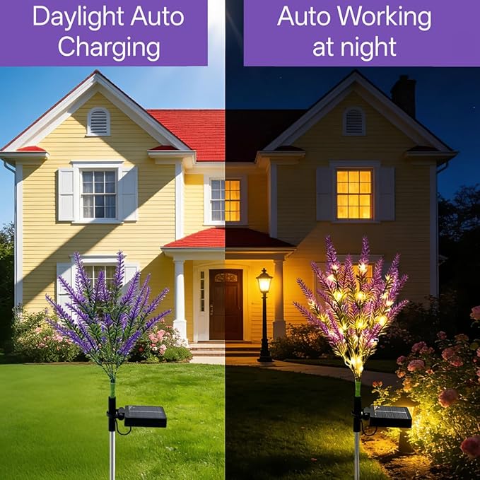 Solar Lavender Flowers Lights, 2 Pack Warm White Outdoor Waterproof Artificial Flower Garden Décor for Yard Pathway Patio Lawn, Mothers Day Gift, Fathers Day Halloween Gifts(56-Light LED)