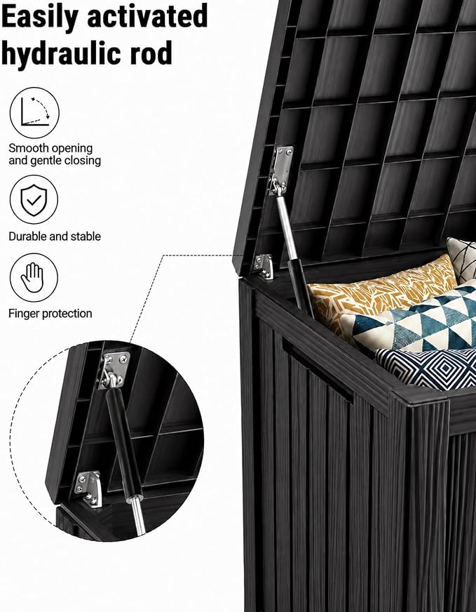 MAKINO 205 Gallon Large Waterproof Deck Box, Heavy Duty Resin Outdoor Storage Box, Outdoor Storage Bench with Hydraulic Rod for Patio Furniture/Cushions/Garden Tools/Backyard/Pool Accessories, Black