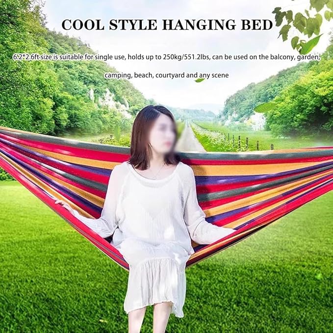 Single Hammock for Garden, Breathable Canvas Hammock Chair with Ropes/carabiners, Rest/Sleep, Load Bearing 250kg/551.2lbs(Rainbow)