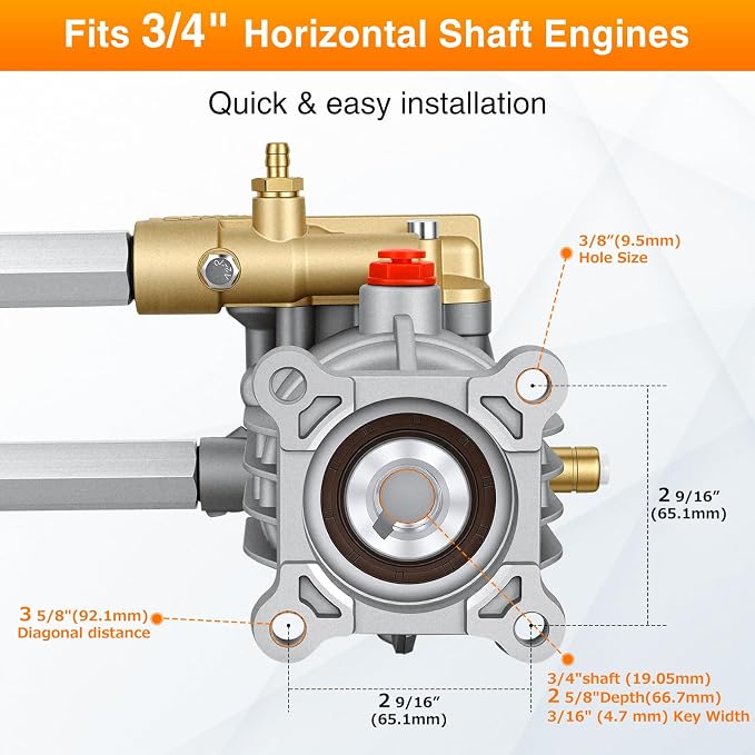 Yesker 3/4" Shaft Horizontal Pressure Washer Pump 3300 PSI 2.4 GPM fit for Kohler SH270 and Honda GC160/190 Includes Inlet & Outlet Extension Tubes
