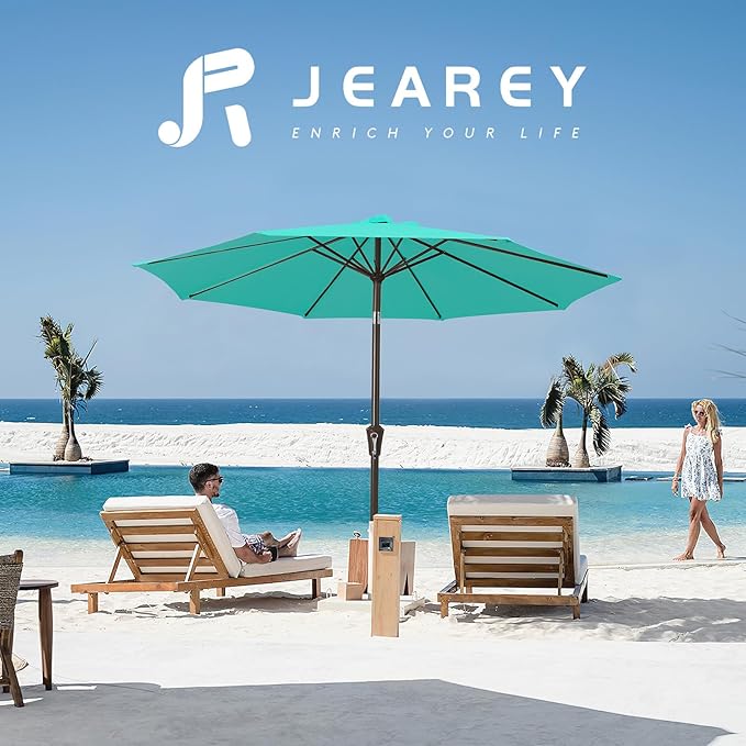 JEAREY 10FT Outdoor Patio Umbrella Outdoor Table Umbrella with Push Button Tilt and Crank, Market Umbrella 8 Sturdy Ribs UV Protection Waterproof for Pool, Garden (Aqua Sky)
